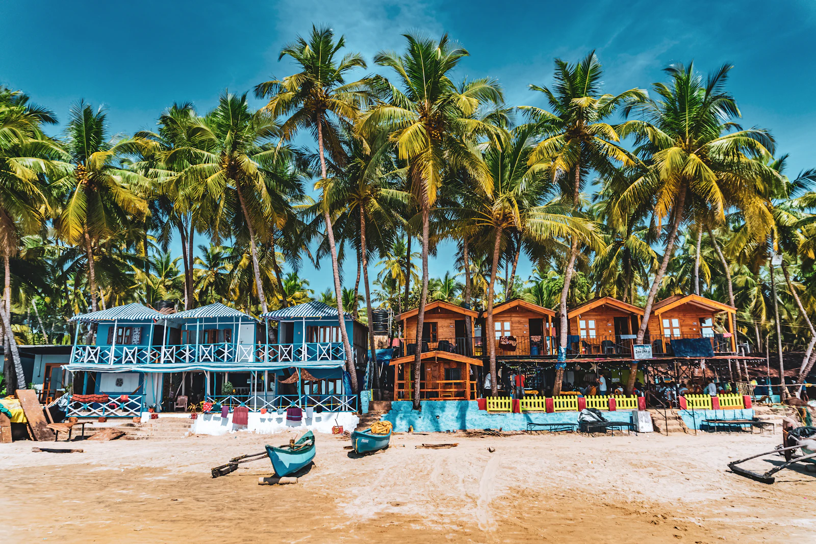 Wooden beach huts and shacks under a dense row of coconut palms on a quiet Goan beach