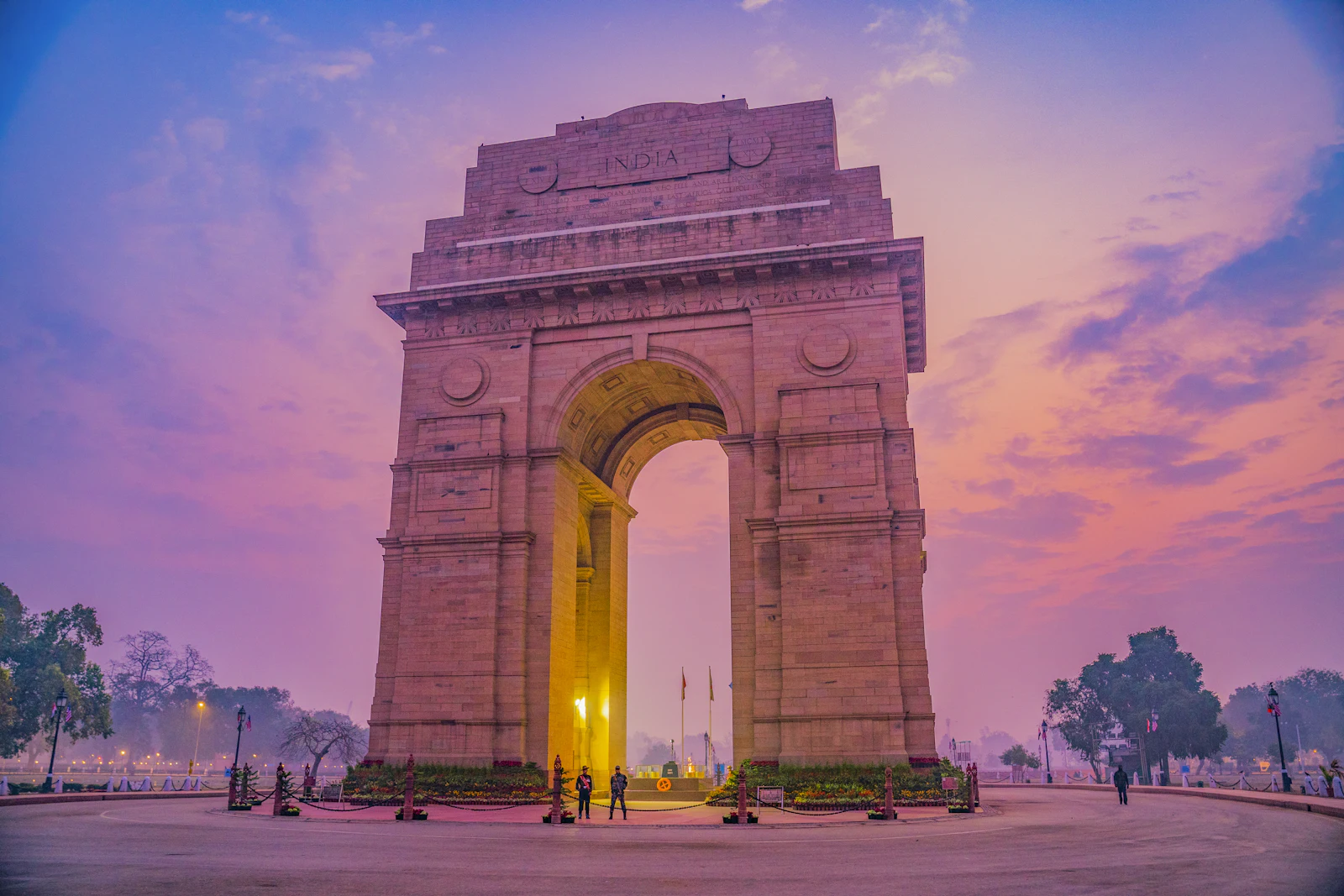 India Gate war memorial in New Delhi at dusk