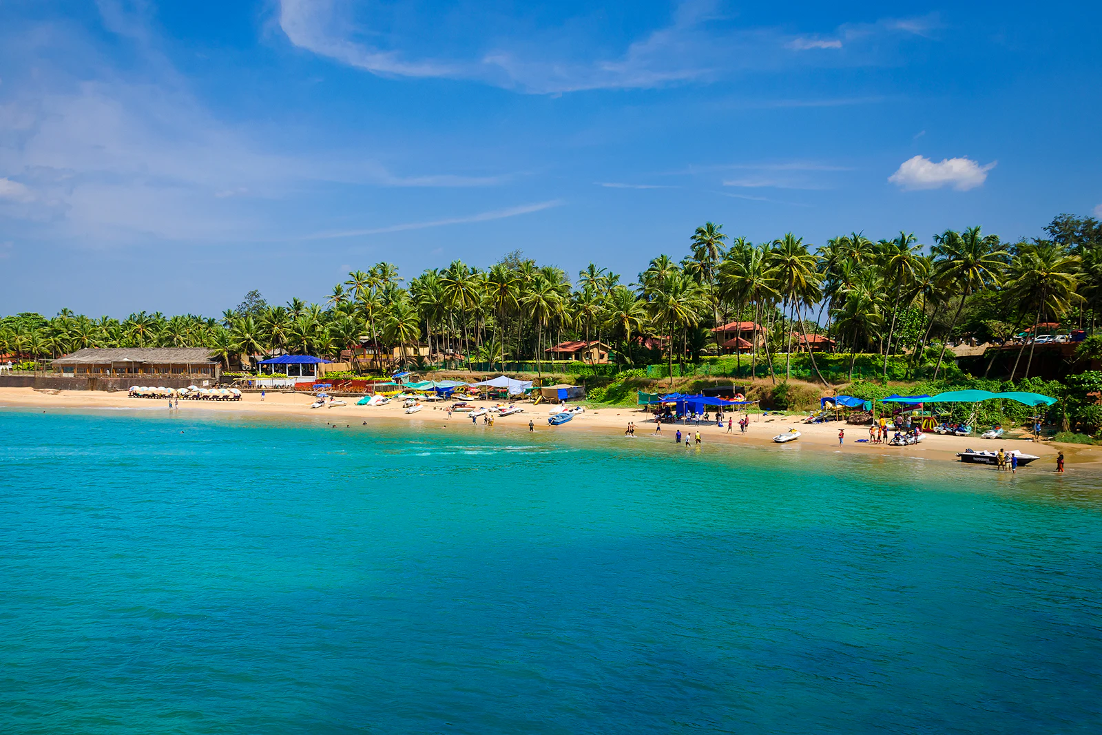 A palm-backed Goan beach with shacks and moored boats above turquoise water
